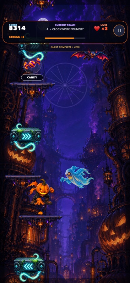 Jack jumping between haunted platforms in a purple tower